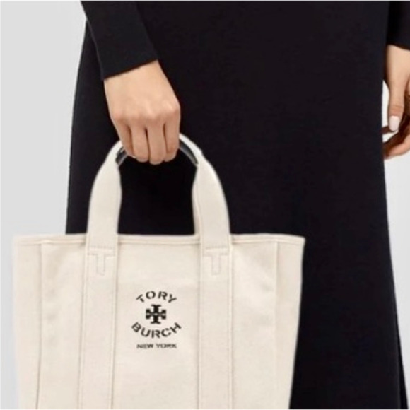 TORY BURCH NWT Small Mini Mercer Canvas Tote Bag in Neutral Cream - Picture 2 of 11